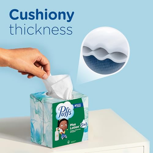 Image of Puffs Facial Tissues Plus Lotion, 18 Cube Boxes, 56 Facial Tissues per Box, Allergies and Colds (Packaging May Vary)