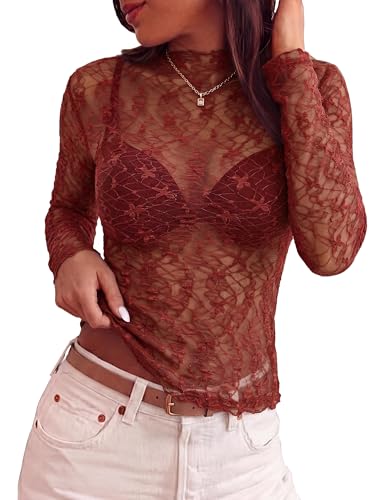 BTFBM Womens Tops Mesh Lace Long Sleeve Tops for Women 2026 Spring Fall Sexy Sheer See Through Tight Party Club Outfits(Burnt Orange, Medium)