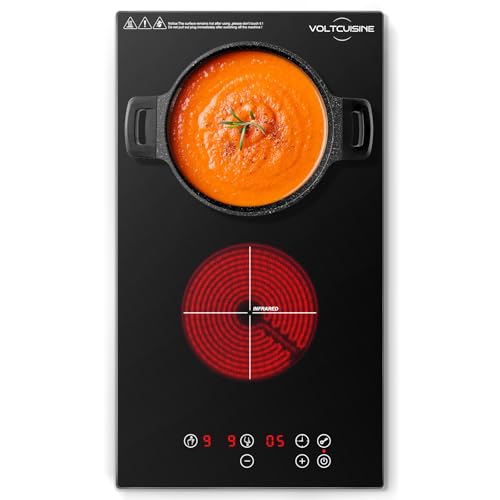 VoltCuisine 2 Burner Electric Cooktop 12 Inch, Built-in & Countertop Plug-in Electric Stovetop with Timer, 220v- 240v Radiant Cooktop with Child Lock, 9 Level Adjustment, Over-Temperature Protection