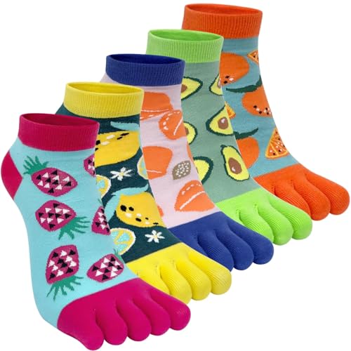 Kevaler Womens Toe Socks Cotton Five Finger Crew Socks Short Length Ankle Socks Cute Animal Fruit Pattern Novelty Sports Socks Running Socks, UK 4-8, 5 Pairs