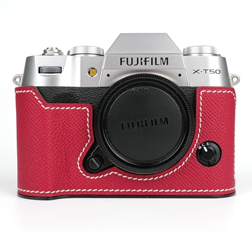 Uchandmade? Handmade Genuine Leather Camera Half Case for Fujifilm X-T50/Fujifilm X-T50 Camera Case/Fujifilm X-T50 Case - Top Layer Cowhide Body + Metal Base Plate (China Red)