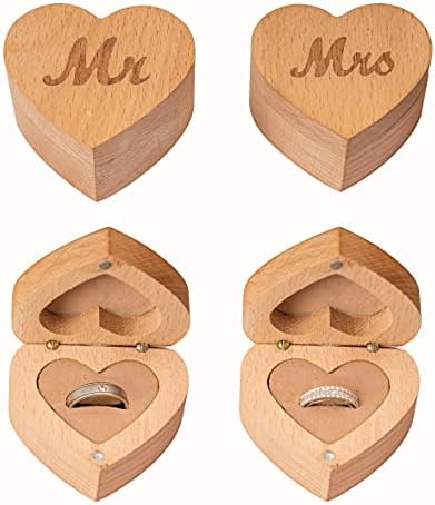 Strova Heart Shaped Wooden Ring Box for Wedding Rings – Set of 2 with Engraved Mr. & Mrs. Lettering – Ring Bearer Box for Display or Personal Organizer – Protective Ring Cushions and Magnetic Closure