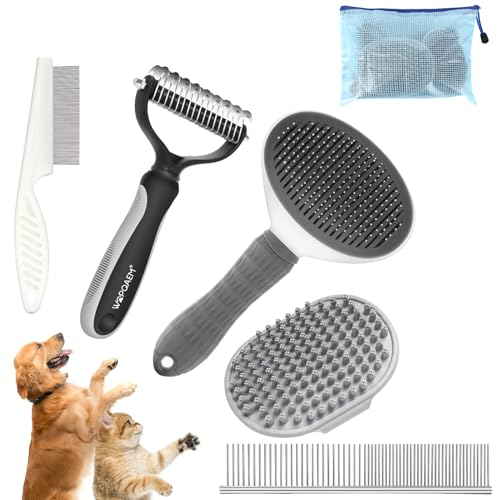 WOPQAEM kit de toilettage pour chien 5 en 1 - Brosse autonettoyante pour chiens et chats Comprend un peigne pour animaux compagnie, un peigne à puces, une brosse de bain, un râteau à sous-poil.Gris