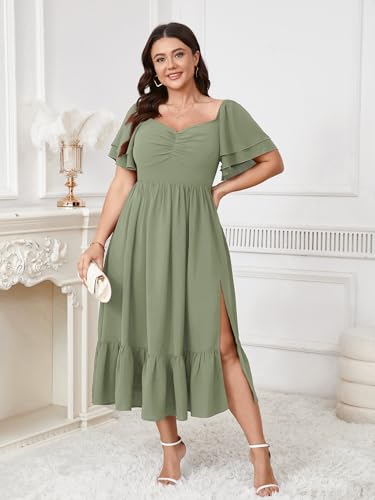 Image of SCOMCHIC Womens Plus Size Wedding Guest Cocktail Dresses Sweetheart Neckline Short Sleeve Smocked Ruffle Slit Maxi Dress