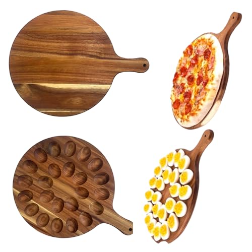 Acacia Charcuturie Wooden Deviled Egg Carrier: 24 Hole Round Reversible Pizza Server & Chopping Board for Kitchen & Countertops
