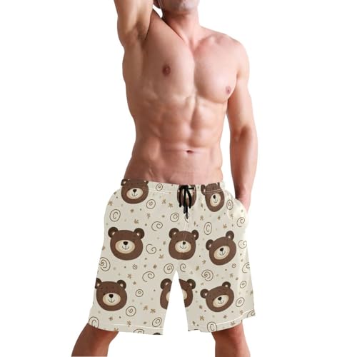 Quick Dry Cartoon Bear Faces Men's Swimming Shorts Swim Trunks with Mesh Lining Beach Wear - S4