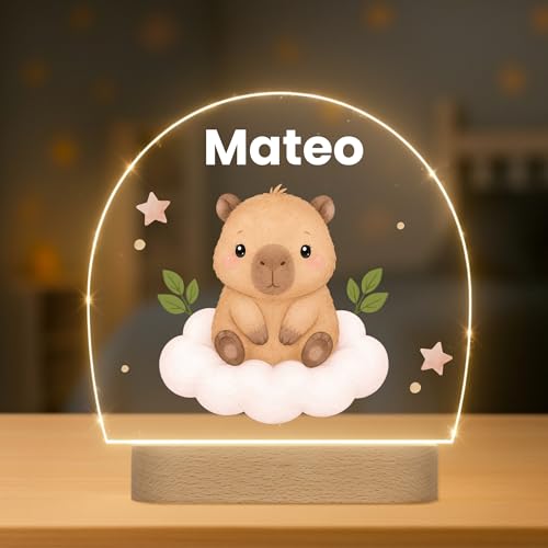 Lámpara Infantil Personalizada con Nombre y Fecha - Luz Quitamiedos LED - Regalo Bebé Recién Nacido, Bautizo o Cumpleaños - Decoración Infantil (Capibara)