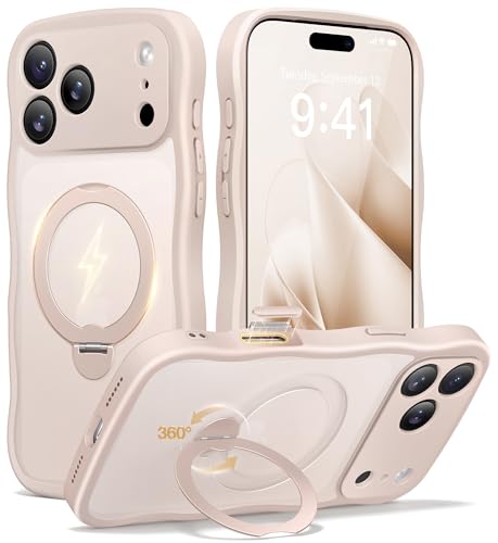 CAPRARO for iPhone 17 Pro Case with 360 Spin Magnetic Stand for Women [Compatible with MagSafe] [Full Camera Protection] Cute Wave Translucent Matte Case for iPhone 17 Pro Rose Gold