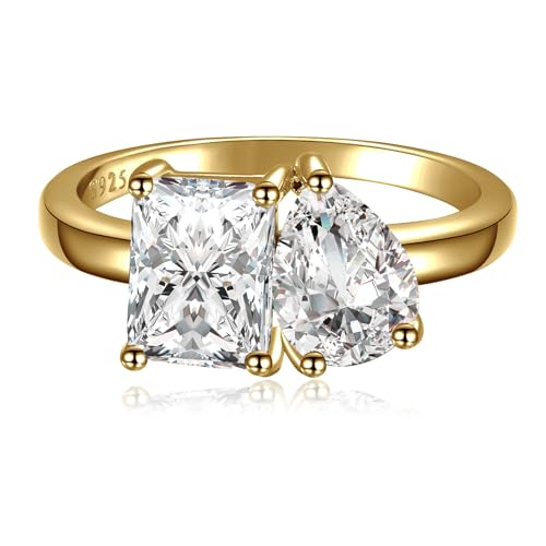 2.75ct Toi Et Moi Women Engagement Ring, 925 Sterling Silver Double Stone Emerald & Pear Cut Cubic Zirconia Wedding Eternity Unique Statement Ring I LOVE You Width Band 2mm Size 5-92