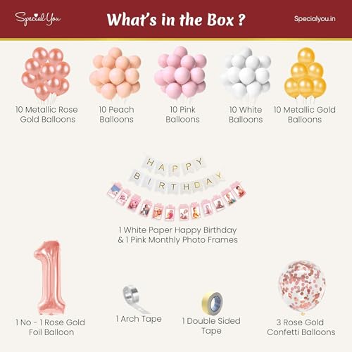 Image of Special You rose gold theme 1st birthday decoration kit for girls, kids with multicolor balloons for decoration, 1 number rose gold foil balloon, 1st birthday decoration for baby - 56 pcs