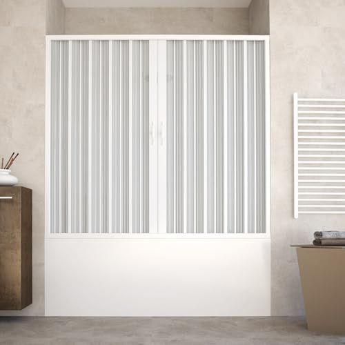 Mampara para de 170 x 150 cm, modelo Alba con doble puerta de PVC con apertura central, paneles semitransparentes, perfiles de color blanco