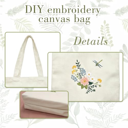 Image of Canvas Tote Bag Embroidery Kit, Embroidery Kits for Beginners, Arts and DIY Crafts Embroidery Starter kit, Include Stamped Embroidery Bag, Threads, Embroidery Tools (Beige Bag with Dragonfly 2)