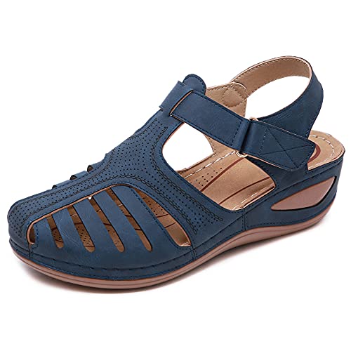 Aconhop Women's Orthopedic Sandals Comfy Chic Slope Wedge Platform Hook and Loop Closed-Toe Gladiator Outdoor Mary Jane Casual Sandal Shoes Blue 38