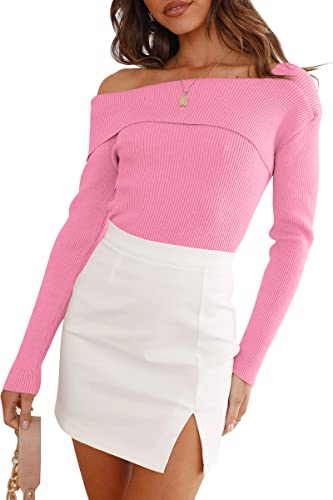 Image of LILLUSORY Womens Off the Shoulder Sweaters Going Out Fall Top | Flattering Ribbed Knit Bodycon Pullover for Date Night,Chic Asymmetric Neckline,Stretchy Holiday Party Clubwear Clothes