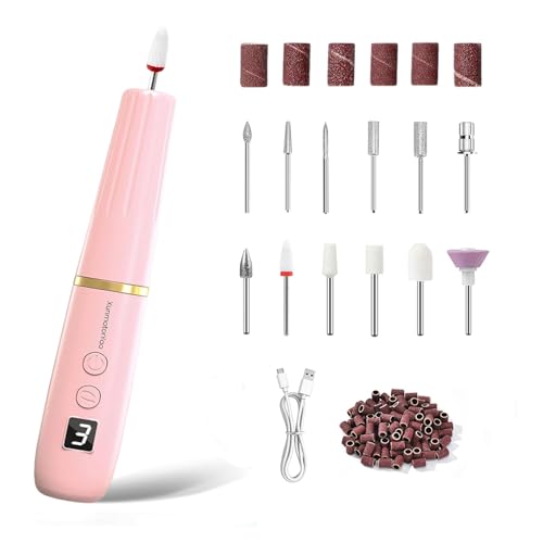XunmotorYao Torno para Uñas Profesional 12 in 120000 RPM Lima Eléctrica Uñas Seguro LCD Kit de Manicura y Pedicura Eléctrico Profesional Nail Drill Recargable USB para Uñas de Gel,Rosa