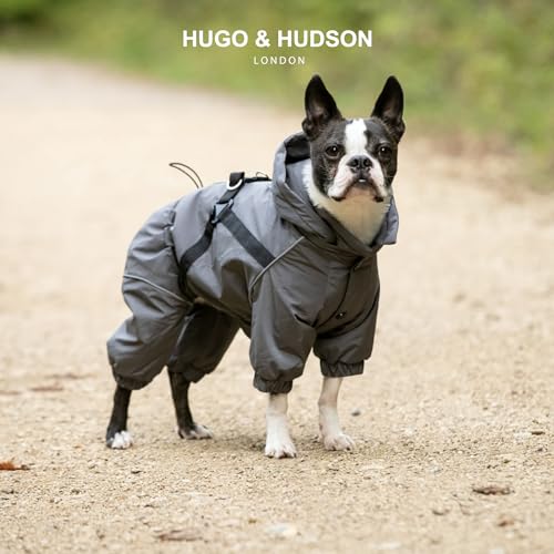 HUGO & HUDSON Winter-Schneeanzugjacke für Hunde, Winddicht mit Kapuze, Schnallen, Geschirr, Grau S35