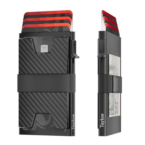 Mens Wallet Card Holder - Metal Pop Up Card Case, Real Carbon Fiber, Smart, Minimalist, RFID Blocking, Slim, Thin, Front Pocket - Holds up to 12 Cards and 10 Bills