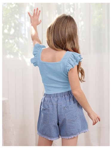 OYOANGLE Girl's Casual Solid Ruffle Trim Cap Sleeve Square Neck Cute Crop Tank Tops T-Shirts2