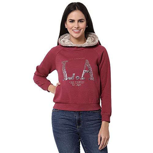 Image of Juelle Women Embellished Brown Hooded Fleece Sweatshirt