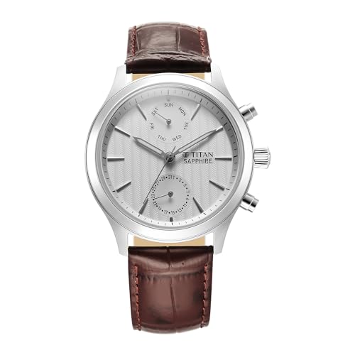 Image of Titan Sapphire Quartz Multifunction White Dial Brown Leather Strap Watch for Men - NT1874SL03