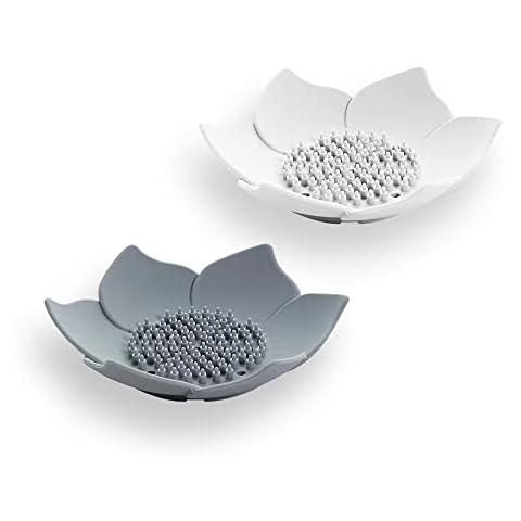 Cawein 2-Piece soap Dish with Drain, soap Dish for Kitchen, soap Dish Shower, Petal soap Holder Dish (White and Gray) Cover