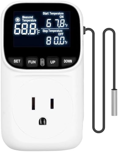 KABASI Digital Temperature Controller, Only Fahrenheit Dispaly Heavy Duty 15A Thermostat Outlet with Sensor, Heating Cooling Control Timer Plug Socket for Greenhouse Refrigerator Terrarium Aquarium