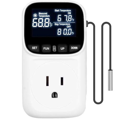 KABASI Digital Temperature Controller, Only Fahrenheit Dispaly Heavy Duty 15A Thermostat Outlet with Sensor, Heating Cooling Control Timer Plug Socket for Greenhouse Refrigerator Terrarium Aquarium