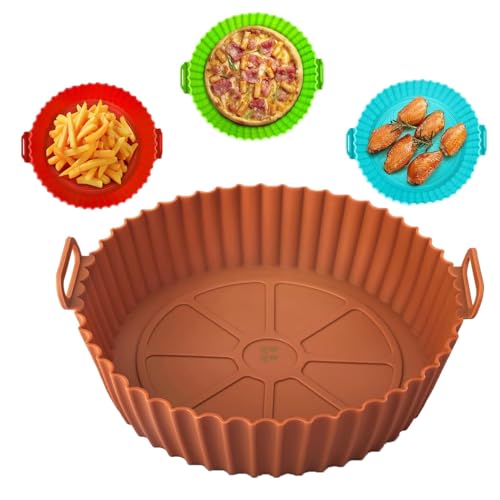 Image of 2 Pcs Air Fryer Liners I Round Silicone Basket Baking Tray I Reusable Baking Tray Pot with Ear Handles I Nonstick Reusable Heat Resistant I Cooking Oven Insert Accessories - Multicolor (8 inch)