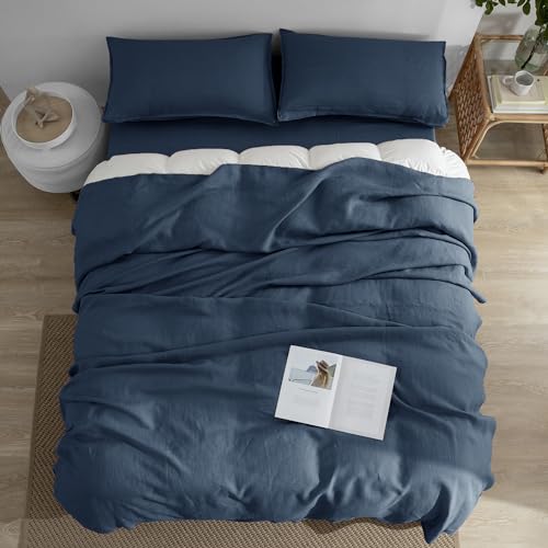 EVERLY Linen Sheets Set King Size,100% French Stonewash Pure Linen Bed Sheets,4Pieces (1Flat Sheet,1Fitted Sheet,2Pillowcase) Suitable for Hot Sleepers,Deep Pocket Natural Bedding Set-Navy Blue