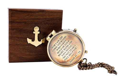 Brújula portátil de latón con estuche de madera grabado miniatura 1