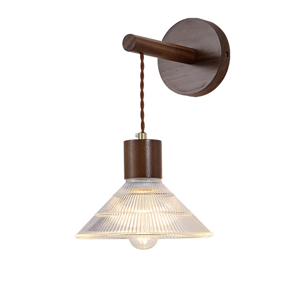 KBUUKYYXouy Vintage Wall Sconce Industrial Hardwired Ribbed Glass Wood Wall Light Fixture Mid Century Wood Wall Sconce Hanging Farmhouse Rustic Wall Mounted Lamp for Bedroom Living Room Bedside(A)