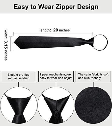 Image of YourTies Zipper Tie for Men Adjustable Pre-tied Satin Neckties and Pocket Square Set Solid Color Business Formal Wedding