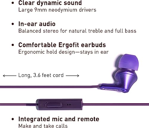 Image of PANASONIC ErgoFit Earbud Headphones with Microphone and Call Controller Compatible with iPhone, Android and Blackberry - RP-TCM125-VA - In-Ear (Metallic Violet)