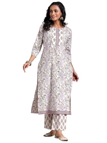 Image of Libas Womens Printed Cotton Straight Kurta With Trousers | daily wear suit