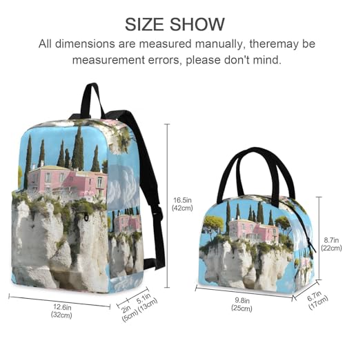 Floating House Print Backpack Set with Lunch Bag, Large Capacity Travel Backpacks and Lunch Box Insulated for Commute Hiking Picnic2