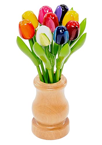 MomoMoments Bouquet de Tulipes en Bois dans Un élégant Vase en Bois rétro, 9 Tulipes en Bois peintes à la Main, 21 cm, Bouquet, décoration, Cadeau, Anniversaire, fabriqué en Hollande