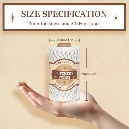328Ft Butchers Twine – 100% Natural Cotton Kitchen String, Oven Safe for Tying Meat, Roasting, Trussing Turkey, Baking, Grilling – Food Grade for Cooking, Crafts, and Gift Wrapping