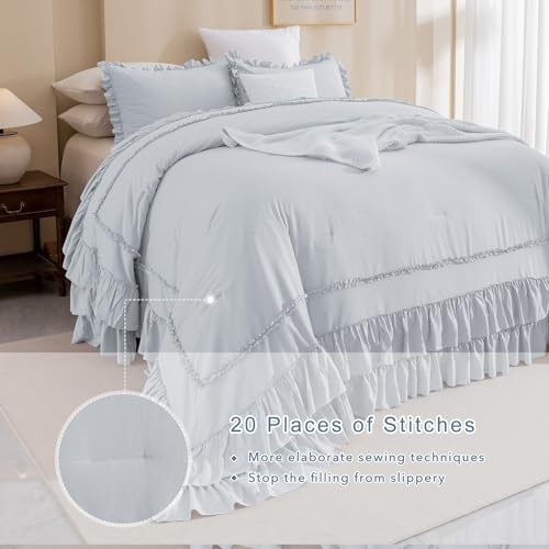 Image of QSH Light Blue Ruffle Oversized King Comforter 128x120,3PCs Farmhouse Shabby Vintage Chic Ruffled Bed Comforter Set French Country Rustic California King Bedding Comforter Set Soft and Lightweight