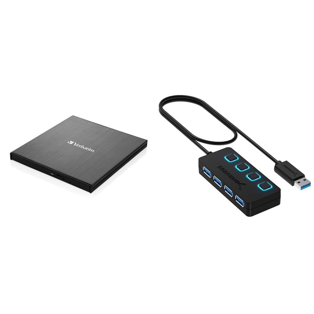 Verbatim Lettore CD/Dvd Esterno Slimline - USB 3.2 Gen1 con Porta USB-C con Cavo USB-C a USB-A e Design Compatto da Viaggio, in Metallo Spazzolato & Sabrent Hub USB 3.2 Gen 1, Ciabatta multipresa USB