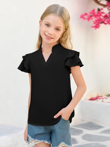 Haloumoning Girls Ruffle Short Sleeve T Shirts Kids Summer Cute V Neck Tops Blouses 5-14 Years4