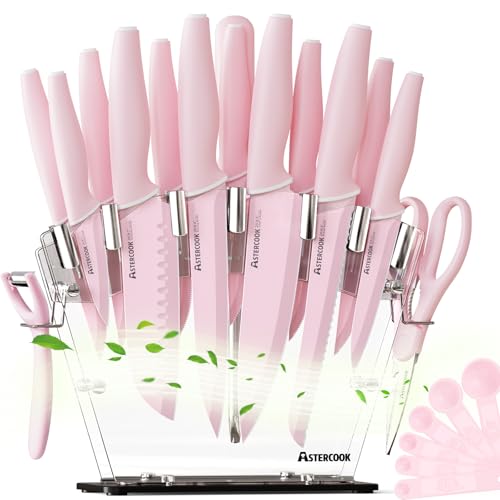 Astercook Kitchen Knife Set with Block and Sharpener 22 Piece German High Carbon Stainless Steel Knives Sharp Blade Dishwasher Safe Knife Set with Anti-slip Ergonomic Handle, Crystal Pink Cr