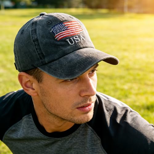 Image of IZUS Men's USA-Flag-Embroidered Baseball-Cap Washed-Cotton Dad-Tracker-Hat American-Independence-Day