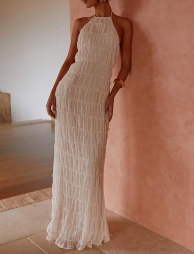 Image of Women Halter Neck Maxi Dress Sleeveless Lace Tiered Smocked Long Dress Sexy Backless Party Vacation Beach Sundress Apricot