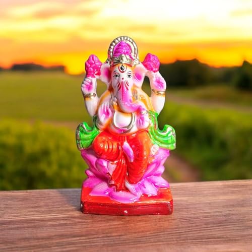 Image of SAUDEEP INDIA 6 Inch Colored Mitti Ganesh Idol for Ganesh Chaturthi | Eco-Friendly Handcrafted Clay Ganpati Murti for Visarjan | Biodegradable Painted Ganesha Statue for Home Decor & Pooja