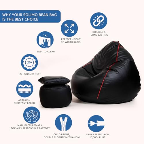 Image of Amazon Brand - Solimo 5XL Faux Leather Bean Bag with Footstool & Cushion Combo for Living Room | Bean Bag Filled with Beans | Capacity Upto 6'7 inch Height & 130 Kg Weight | (Black with Pink Piping)