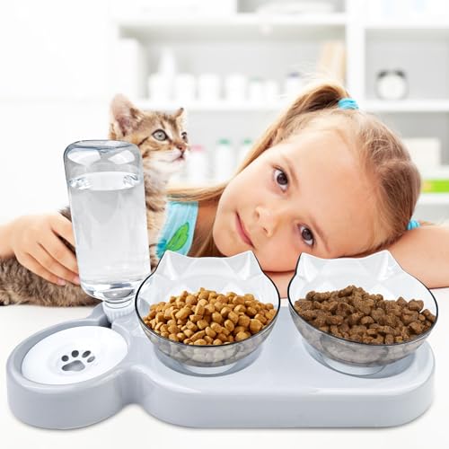 Ceisazira 3 in 1 Futternapf Katze Erhöht, 15 ° Kippbare Fressnapf Katze, Katzen Napfset mit Wasserfontänen, Erhöhter Katzennäpfe, Katzenschüssel, Katzenfressnapf, Katzenfutter Napf, Cat Bowl (Grau)