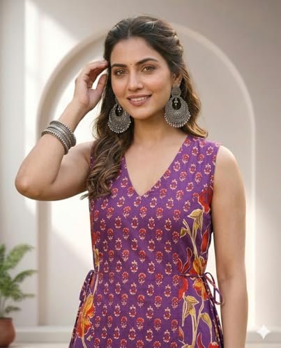 Image of Women's Red Floral Printed Sleeveless V-Neck Peplum Top, Casual Wear