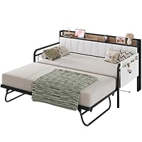 LIKIMIO Daybed with Trundle Bed, Twin Bed Frame with Storage Headboard and Charging Station, Sofa Day Bed with Strong Supports for Living Room, Bedroom, and Guest Room, Cream
