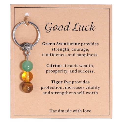 Kvekstio Good Luck Gift, 3 Beads Green Aventurine Citrine Tiger Eye Crystal Keyring Gifts, Confidence Boosting, Good Fortune Charm, Positivity Sending Lucky Gift, Emotional Support for Her