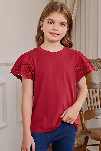 Image of blibean Girls Summer Short Sleeve Shirts Cotton Tops Size 4-15 Years Old | Kids Fashion Causal Solid Color Tee, Cute Ruffle Crewneck Basic Blouse, Flowy Clothes for Tween Teen Girl, Soft Breathable